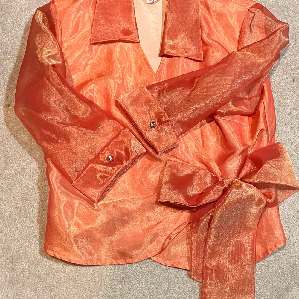 Vibrant Orange Shimmer Blouse with Bow